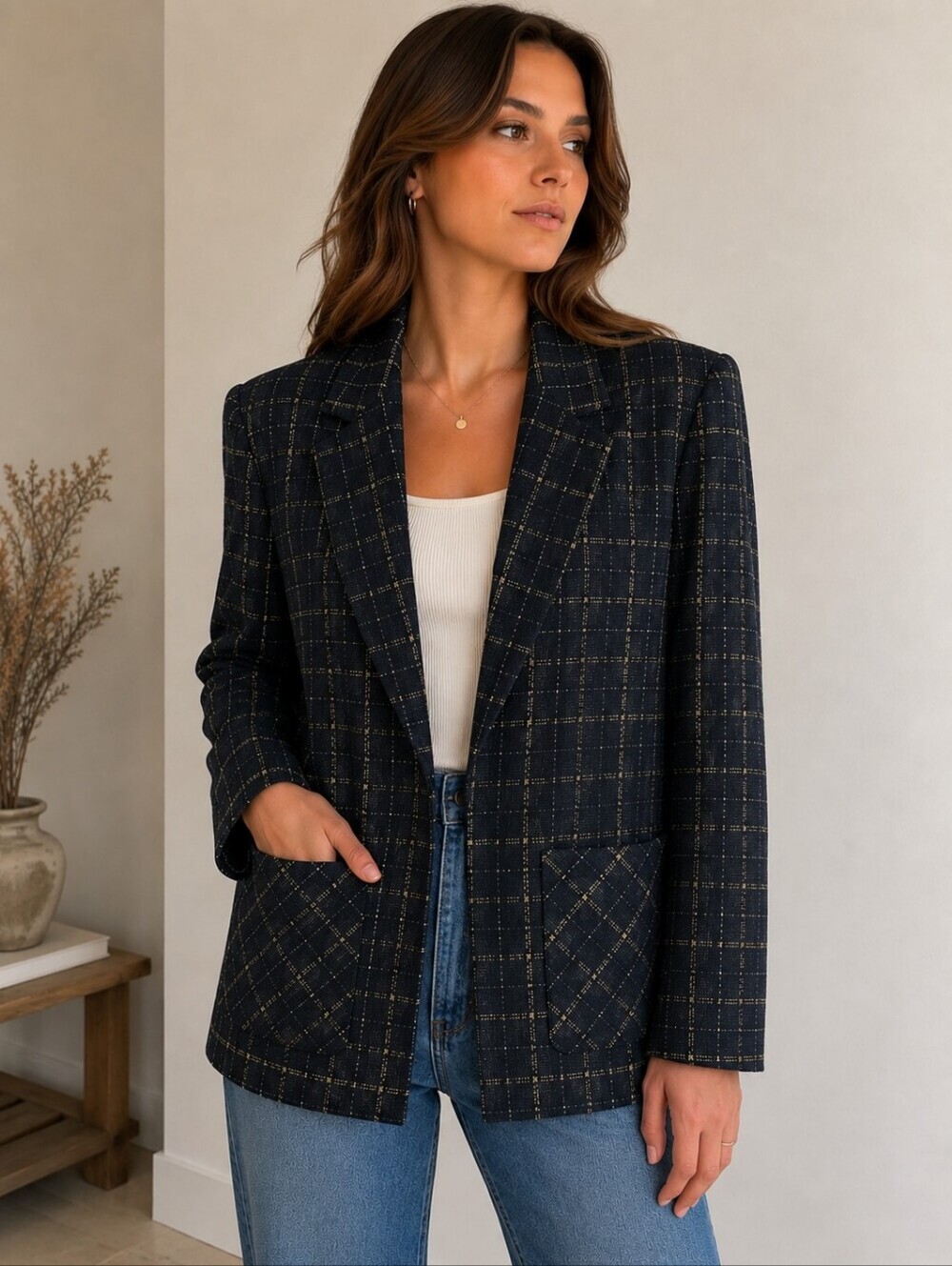 VINTAGE Stylish Black Plaid Blazer